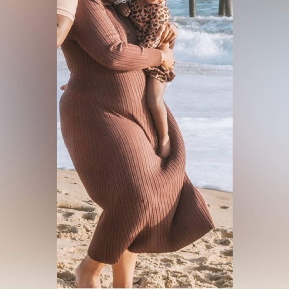 LOFT Ribbed Long-Sleeve Collared Knit Dress in Brown